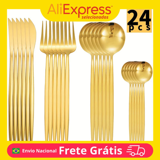 24 PCs Stainless Steel Cutlery Cutlery Golden Knife Fork Spoon Set Modern Classic Cutlery Kitchen Tableware