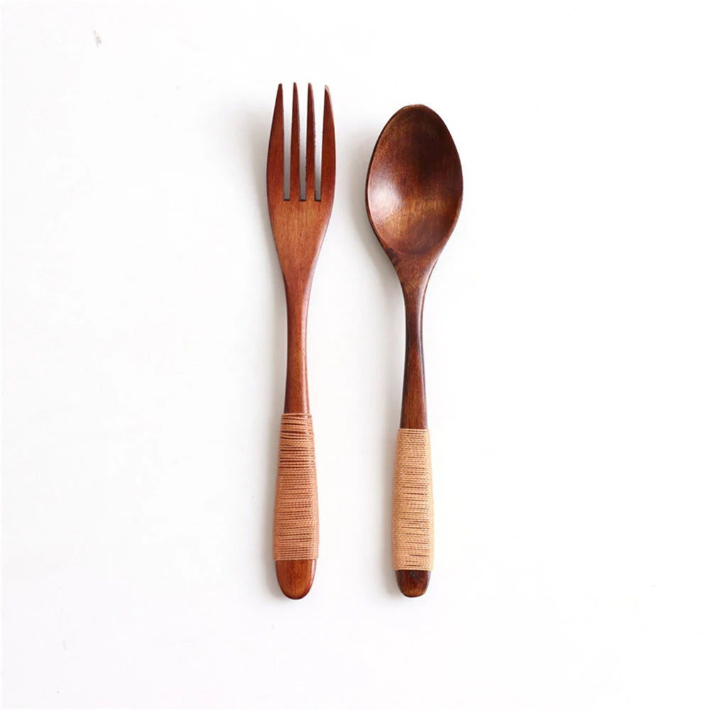 2PCS Natural Wooden Spoon & Fork Dinner Kit Rice Soups Utensil Cereal Handmade Home Tableware Dinnerware Cutlery For Kicthen