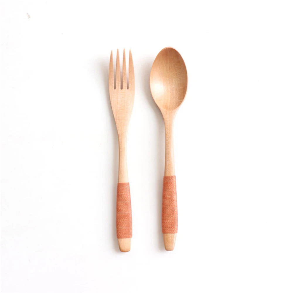 2PCS Natural Wooden Spoon & Fork Dinner Kit Rice Soups Utensil Cereal Handmade Home Tableware Dinnerware Cutlery For Kicthen