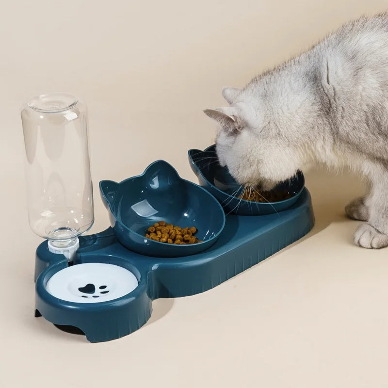 1PCS Pet Bowl with Water Feeder, 3-in-1 Ear Design Tilting Cat Water and Food Bowl with Gravity Water Bottle for Neck Protection