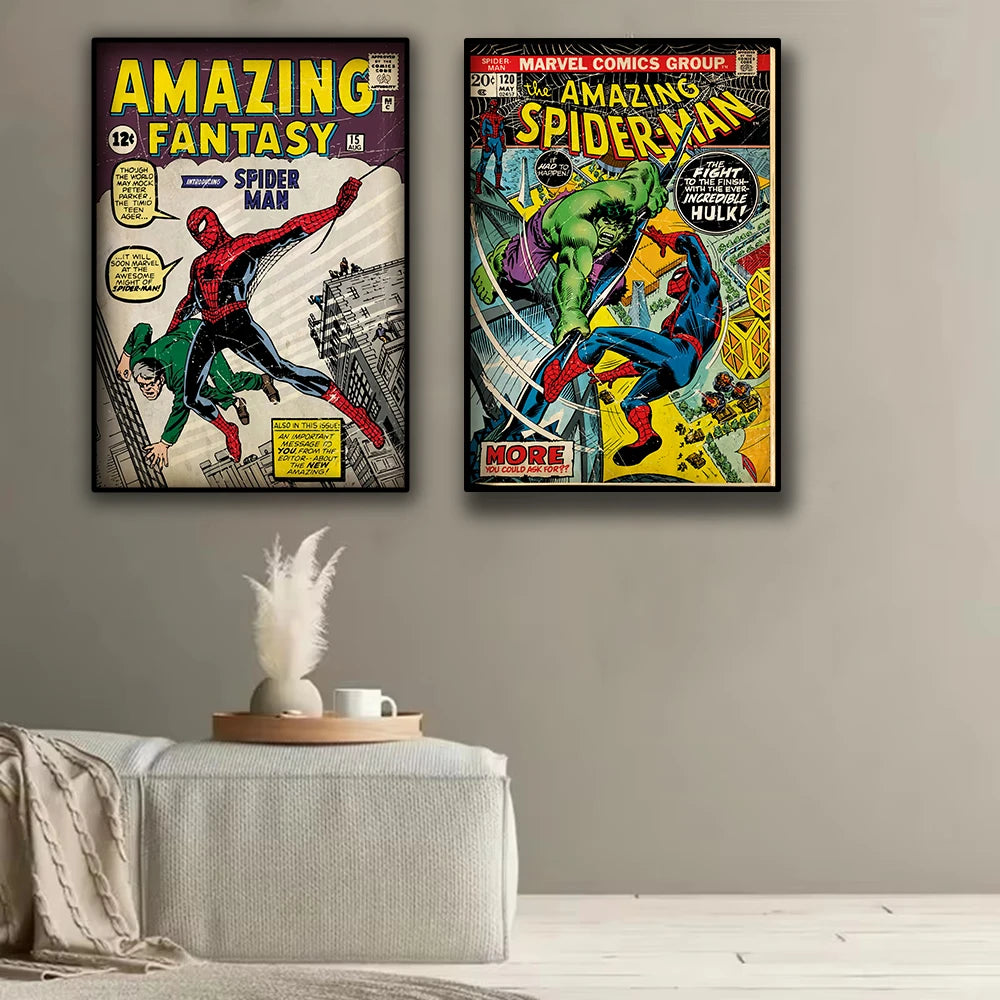 Retro Marvel Super Hero Decorative Painting Anime Spider Man Art Poster American Film Mural Home Childrens Room Wall Decor Print