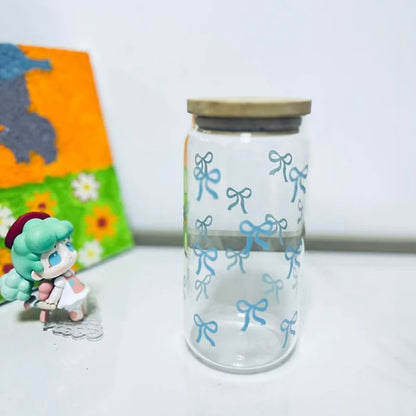 1Pieces Bow Glass Cute Water Cup Cartoon Bow Glass Cup Striped Cute Doodle Coffee Mug Household Fruit Tea Lemonade Girls Gift