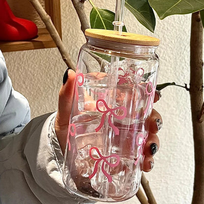 1Pieces Bow Glass Cute Water Cup Cartoon Bow Glass Cup Striped Cute Doodle Coffee Mug Household Fruit Tea Lemonade Girls Gift