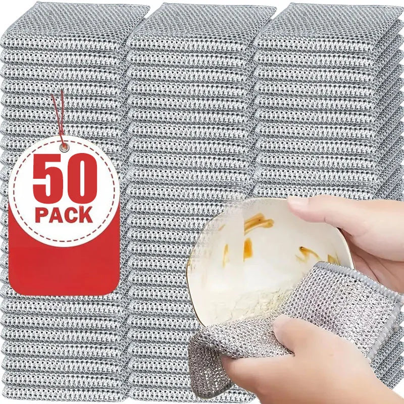 1/50PCS Magic Microfiber Cleaning Rags Dishcloth Silver Wire Kitchen Cloth Thickened WashTowel Built-in Sponge Steel Ball Rag