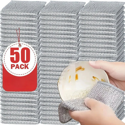 1/50PCS Magic Microfiber Cleaning Rags Dishcloth Silver Wire Kitchen Cloth Thickened WashTowel Built-in Sponge Steel Ball Rag