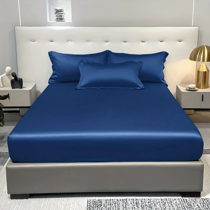 1 Simple Modern Satin Solid Color Fitted Sheet, Solid Color Ice Silk Bedspread For Bedroom, Bedding (Excluding Pillowcases)