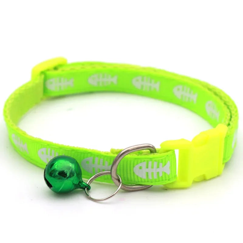 1pcs Pets Dog Cat Fish Bone Print Buckle Adjustable Collar Necklace Neck Strap Easy Wear Collar with Bell Small Dog Accessories