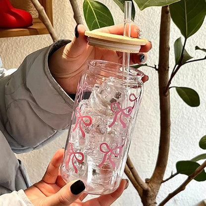 1Pieces Bow Glass Cute Water Cup Cartoon Bow Glass Cup Striped Cute Doodle Coffee Mug Household Fruit Tea Lemonade Girls Gift