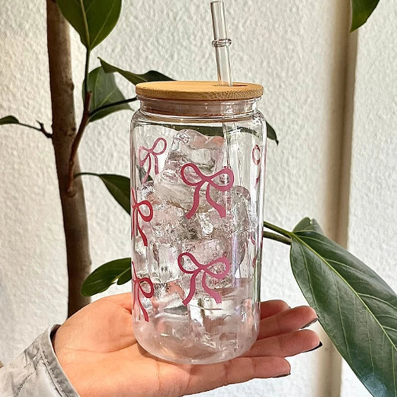 1Pieces Bow Glass Cute Water Cup Cartoon Bow Glass Cup Striped Cute Doodle Coffee Mug Household Fruit Tea Lemonade Girls Gift