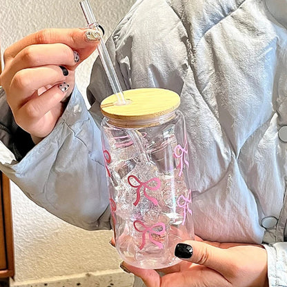 1Pieces Bow Glass Cute Water Cup Cartoon Bow Glass Cup Striped Cute Doodle Coffee Mug Household Fruit Tea Lemonade Girls Gift