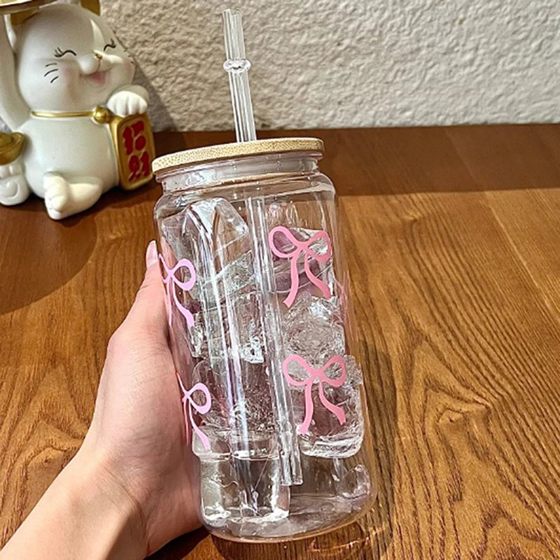 1Pieces Bow Glass Cute Water Cup Cartoon Bow Glass Cup Striped Cute Doodle Coffee Mug Household Fruit Tea Lemonade Girls Gift