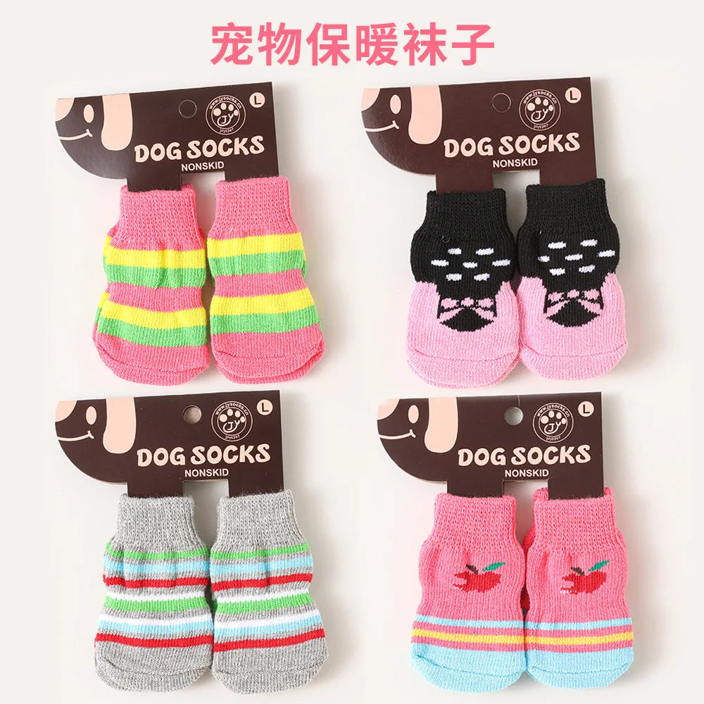 Pet Striped Socks Cat and Dog Foot Covers Anti Scratch and Anti Slip Shoes Winter Anti Slip Socks Four Pairs of Shoes for Dogs