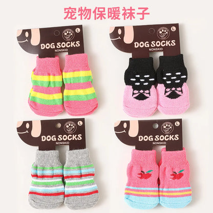 Pet Striped Socks Cat and Dog Foot Covers Anti Scratch and Anti Slip Shoes Winter Anti Slip Socks Four Pairs of Shoes for Dogs