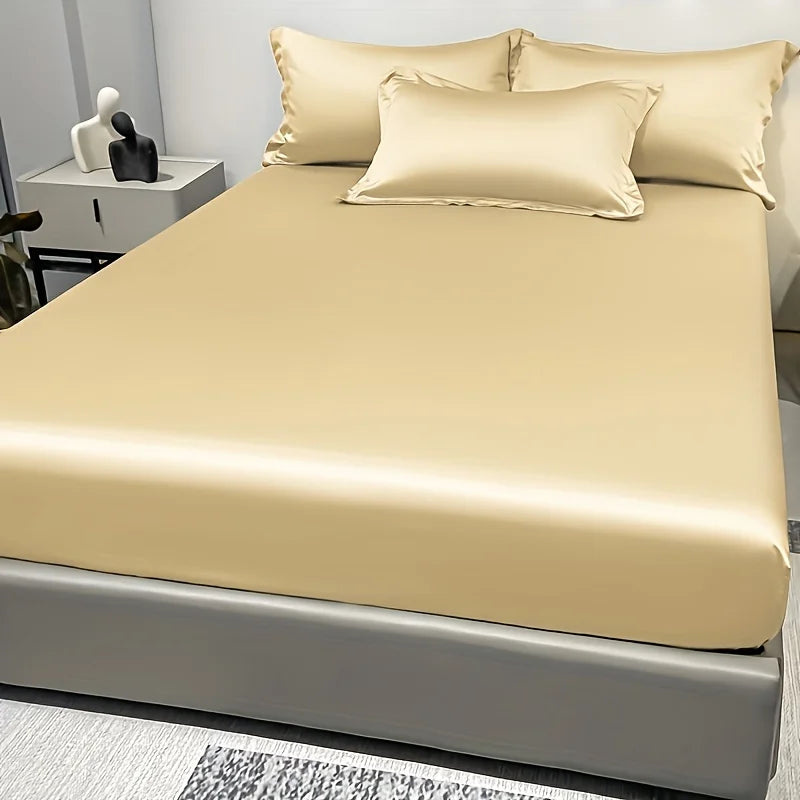 1 Simple Modern Satin Solid Color Fitted Sheet, Solid Color Ice Silk Bedspread For Bedroom, Bedding (Excluding Pillowcases)