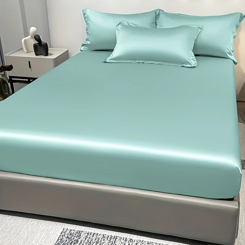 1 Simple Modern Satin Solid Color Fitted Sheet, Solid Color Ice Silk Bedspread For Bedroom, Bedding (Excluding Pillowcases)