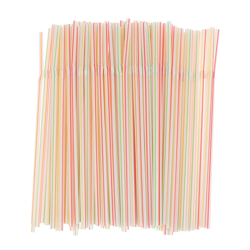 100Pcs 21x0.5cm Disposable Plastic Drinking Straws Multi-colored Striped Bendable Straw Kitchen Supplies Party Rainbow Straw
