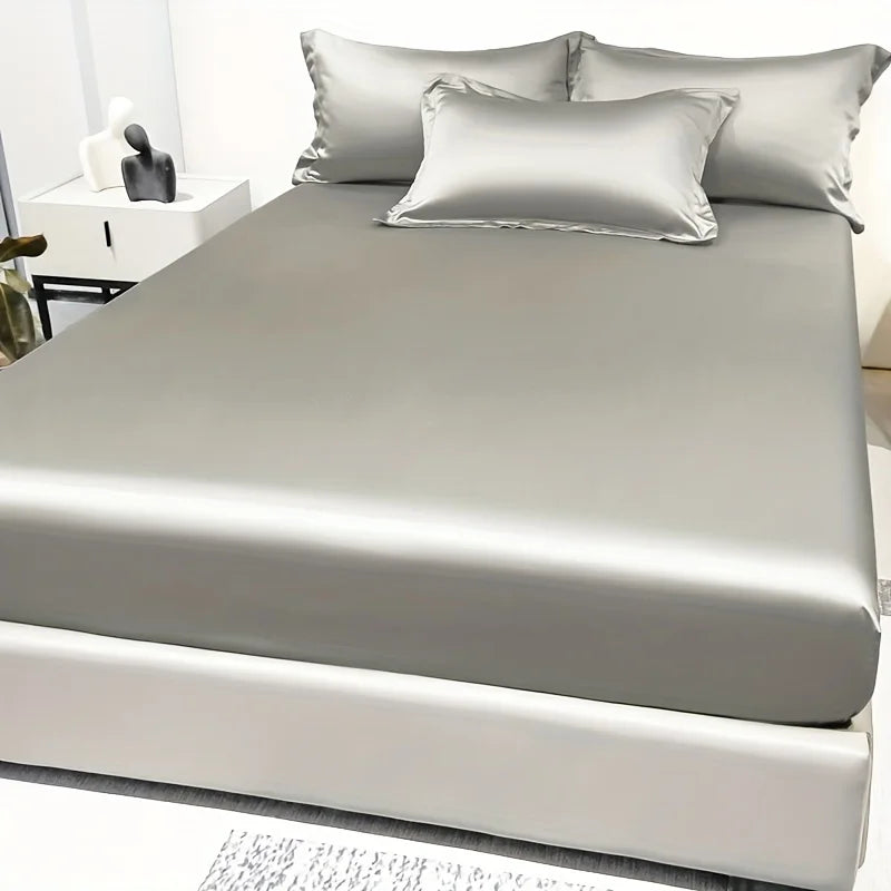 1 Simple Modern Satin Solid Color Fitted Sheet, Solid Color Ice Silk Bedspread For Bedroom, Bedding (Excluding Pillowcases)