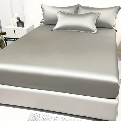 1 Simple Modern Satin Solid Color Fitted Sheet, Solid Color Ice Silk Bedspread For Bedroom, Bedding (Excluding Pillowcases)