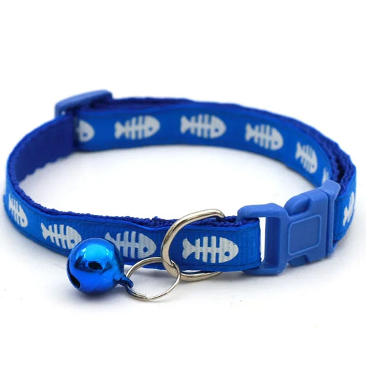 1pcs Pets Dog Cat Fish Bone Print Buckle Adjustable Collar Necklace Neck Strap Easy Wear Collar with Bell Small Dog Accessories