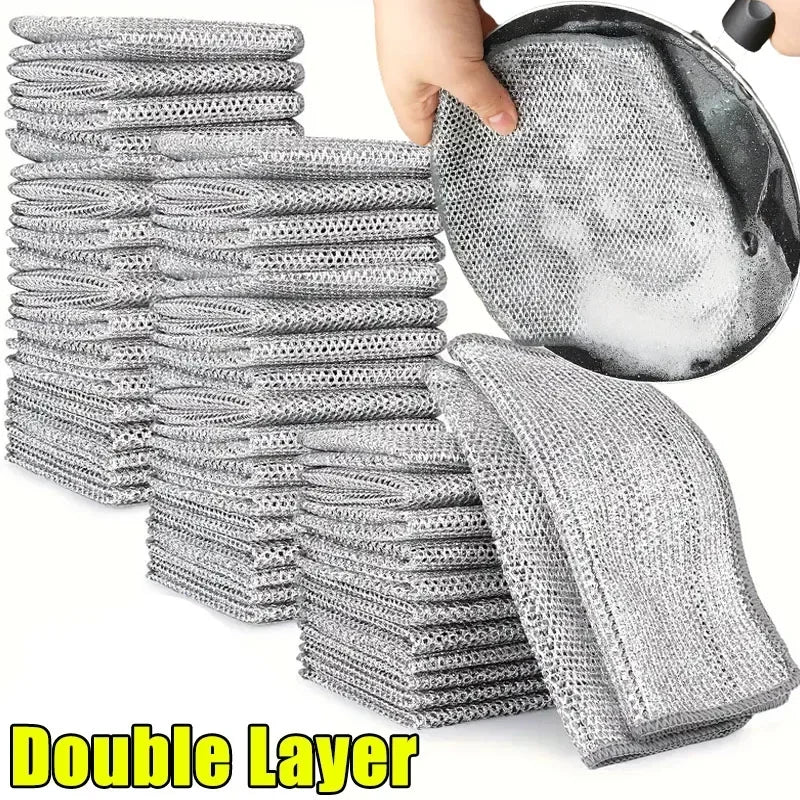 1/50PCS Magic Microfiber Cleaning Rags Dishcloth Silver Wire Kitchen Cloth Thickened WashTowel Built-in Sponge Steel Ball Rag