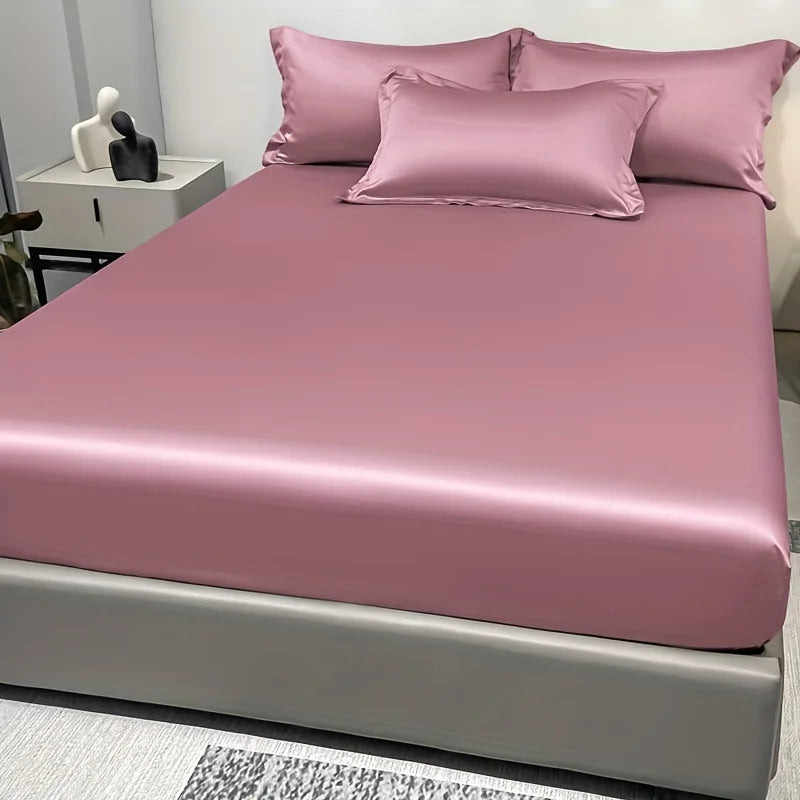 1 Simple Modern Satin Solid Color Fitted Sheet, Solid Color Ice Silk Bedspread For Bedroom, Bedding (Excluding Pillowcases)