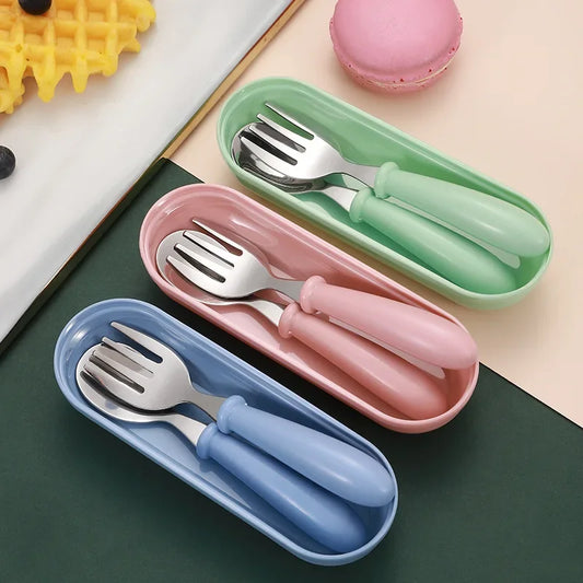 3-Piece Children's Utensil Set 304 Stainless Steel Spoon Fork for Toddlers with Portable Case Travel Kids Cutlery Tableware Gift