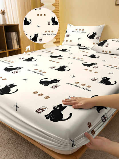 1 Cartoon Cute animal Cat printed matte Fitted Sheet, bedroom printed bed cover, bedding (excluding pillowcases)