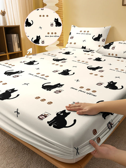1 Cartoon Cute animal Cat printed matte Fitted Sheet, bedroom printed bed cover, bedding (excluding pillowcases)