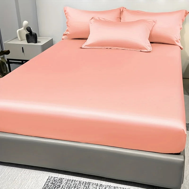 1 Simple Modern Satin Solid Color Fitted Sheet, Solid Color Ice Silk Bedspread For Bedroom, Bedding (Excluding Pillowcases)