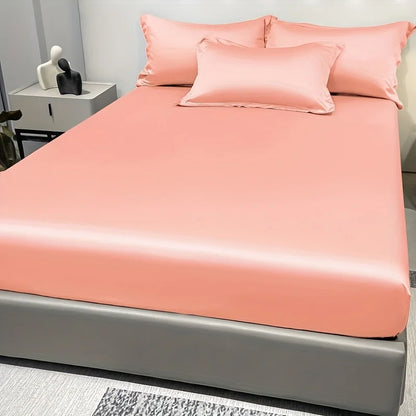 1 Simple Modern Satin Solid Color Fitted Sheet, Solid Color Ice Silk Bedspread For Bedroom, Bedding (Excluding Pillowcases)
