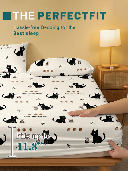 1 Cartoon Cute animal Cat printed matte Fitted Sheet, bedroom printed bed cover, bedding (excluding pillowcases)
