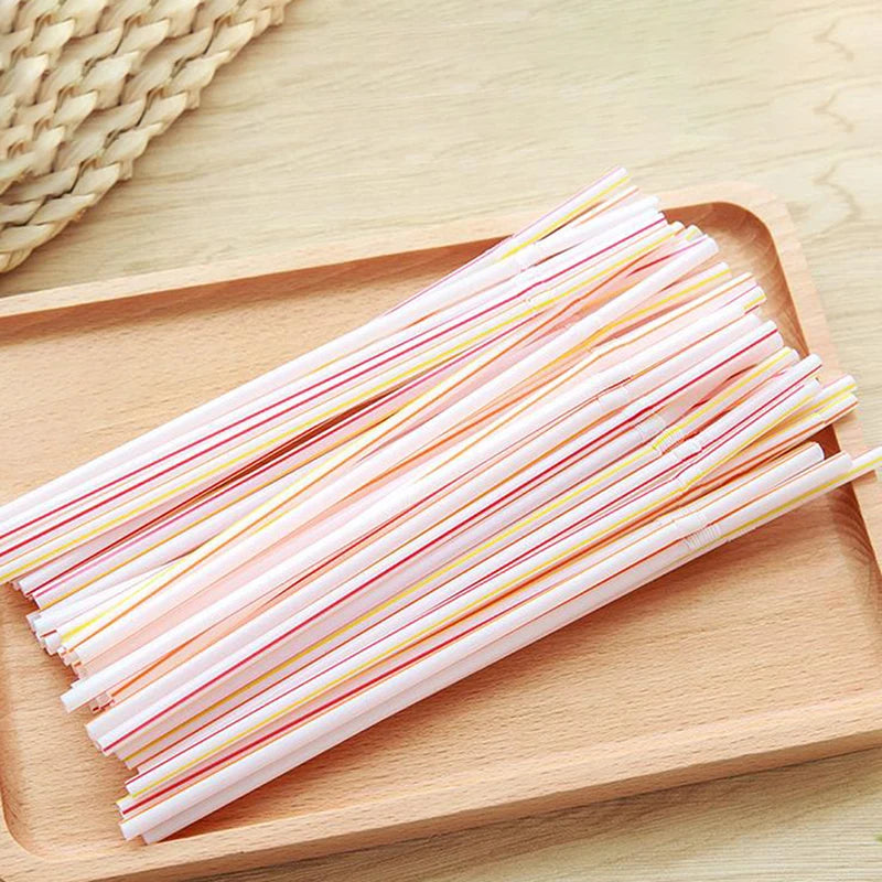100Pcs 21x0.5cm Disposable Plastic Drinking Straws Multi-colored Striped Bendable Straw Kitchen Supplies Party Rainbow Straw