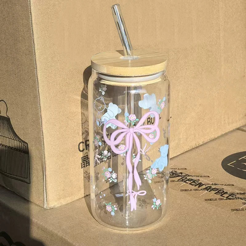 1Pieces Bow Glass Cute Water Cup Cartoon Bow Glass Cup Striped Cute Doodle Coffee Mug Household Fruit Tea Lemonade Girls Gift