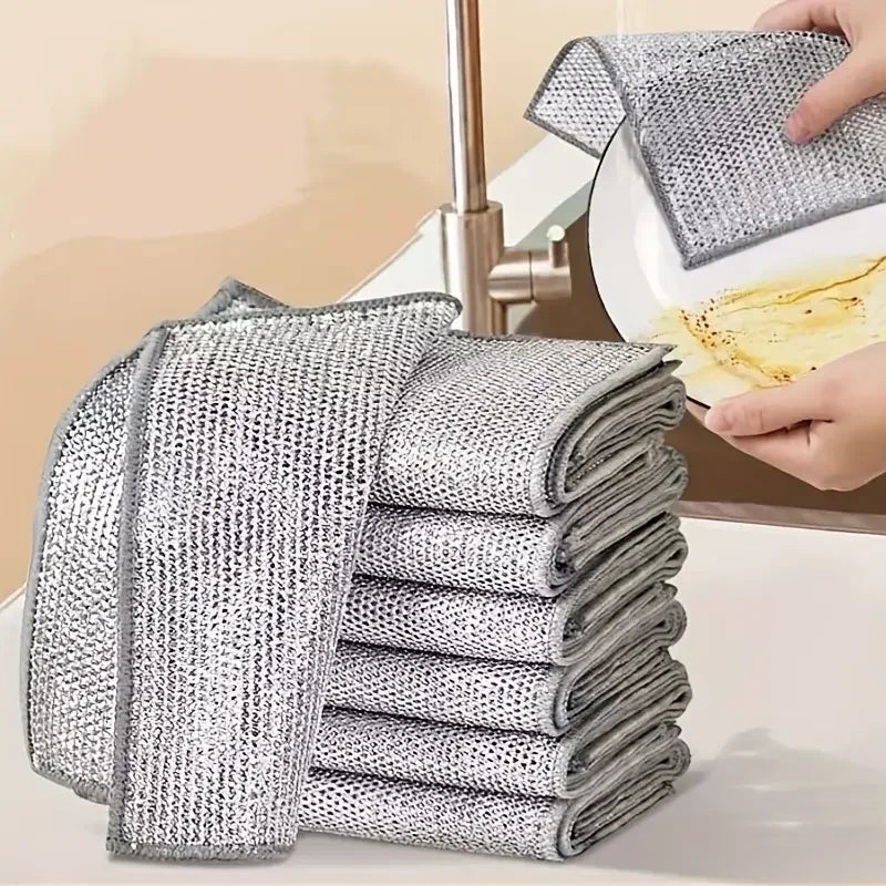 1/50PCS Magic Microfiber Cleaning Rags Dishcloth Silver Wire Kitchen Cloth Thickened WashTowel Built-in Sponge Steel Ball Rag