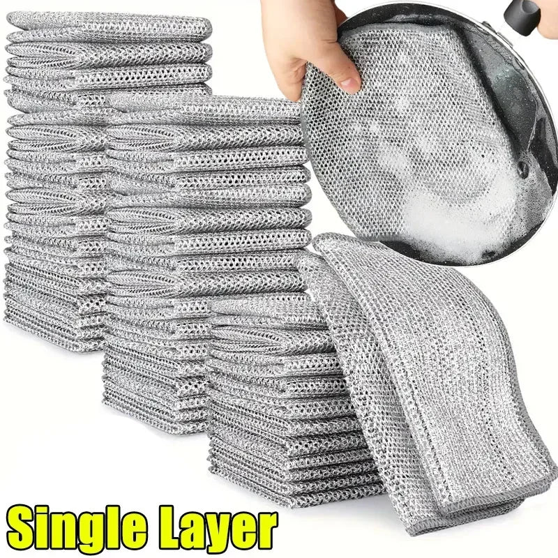 1/50PCS Magic Microfiber Cleaning Rags Dishcloth Silver Wire Kitchen Cloth Thickened WashTowel Built-in Sponge Steel Ball Rag
