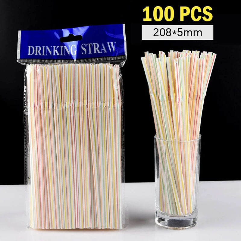 100Pcs 21x0.5cm Disposable Plastic Drinking Straws Multi-colored Striped Bendable Straw Kitchen Supplies Party Rainbow Straw